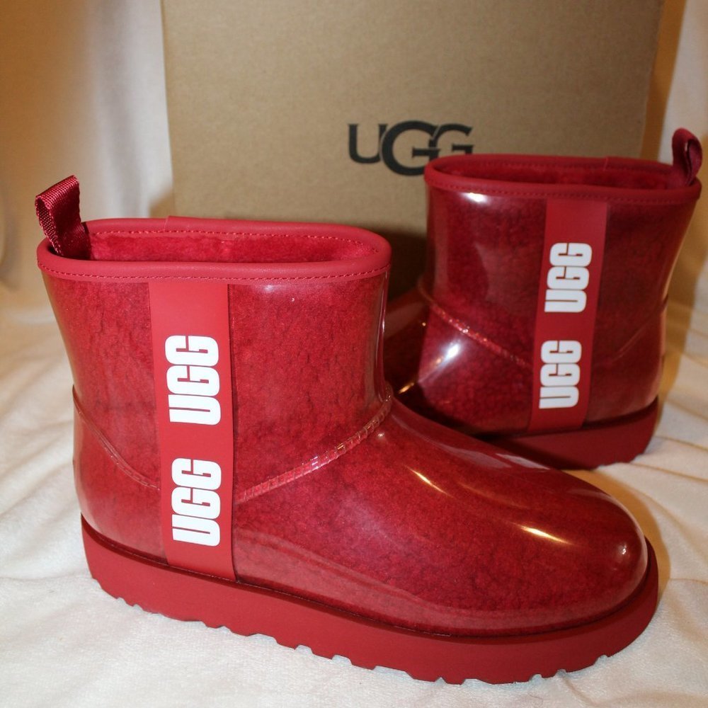 NIB UGG WOMEN'S CLEAR MINI SHEARLING WATERPROOF‎ LOGO BOOTS RED - Picture 3 of 7